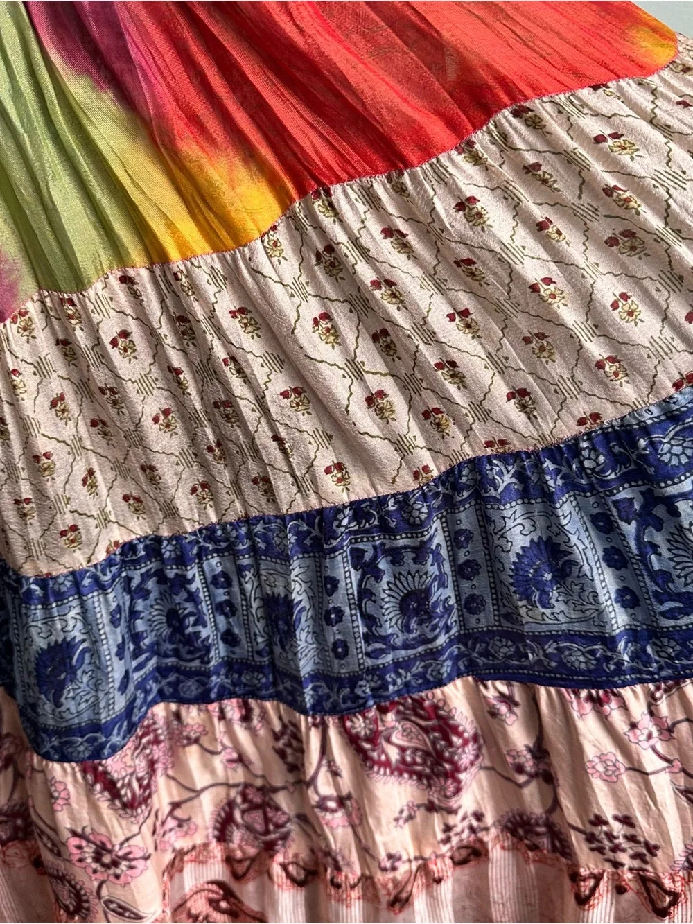 Vintage Silk Tangibles Patchwork Multi-Color Tiered Maxi Skirt M Boho Ren Fair